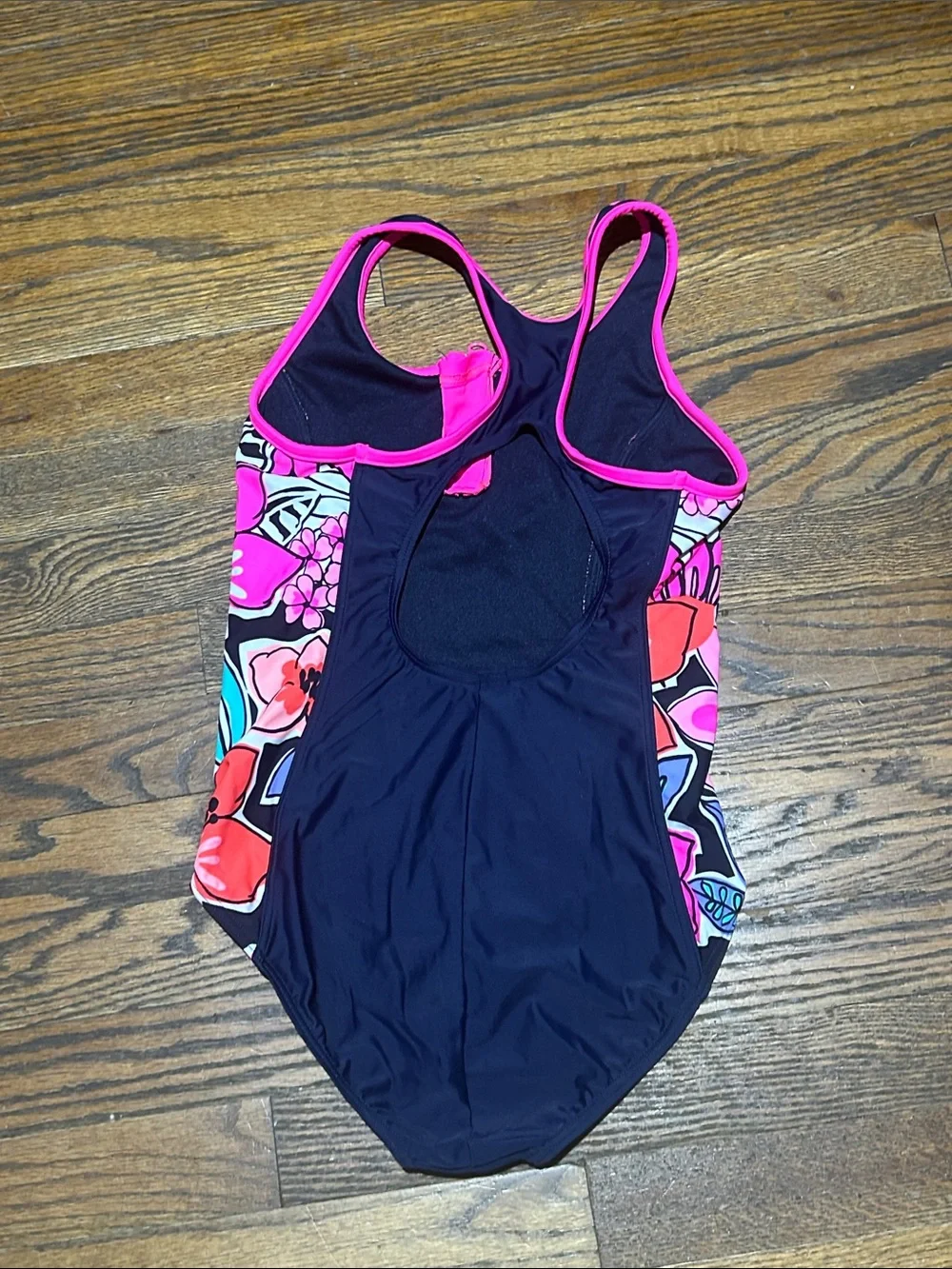 ZeroXposur Black One-Piece Swimsuit with Pink and Teal Floral Panels